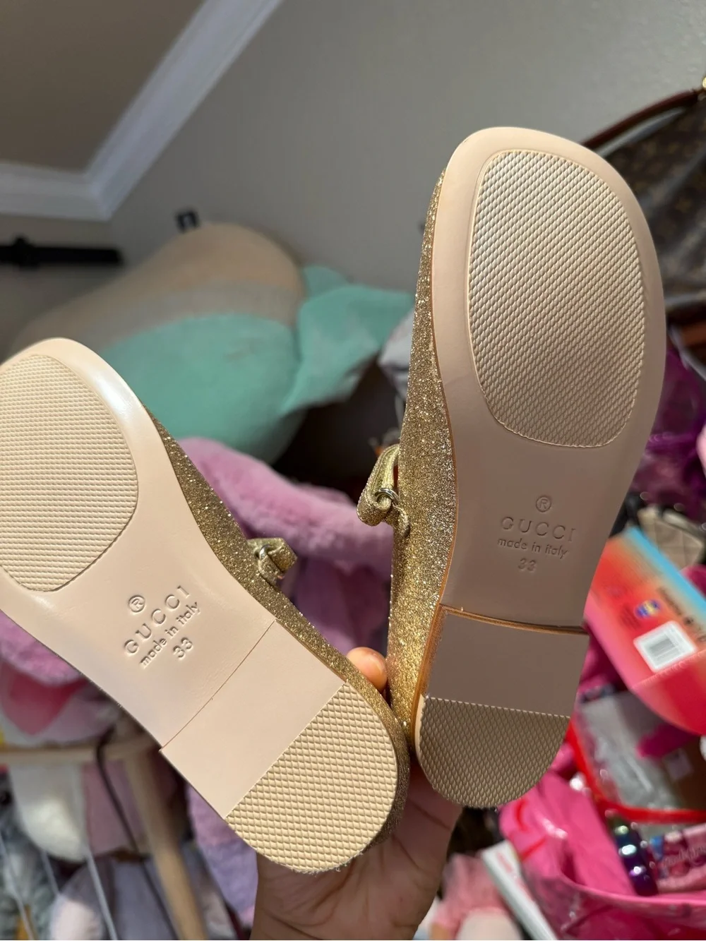 Gucci Glitter Mary Jane Flats in Gold with Metallic Accents